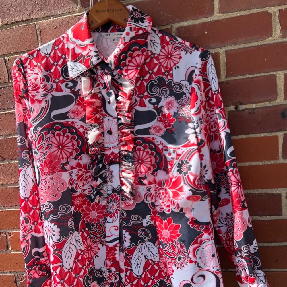 St John ruffled Pink and red flowered blouse, size 2